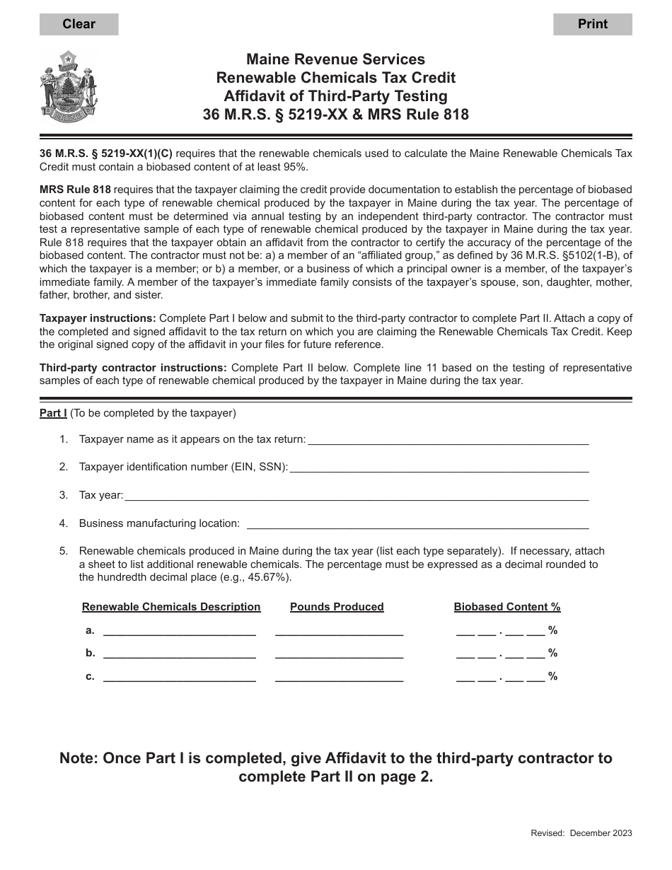 Renewable Chemicals Tax Credit Affidavit of Third-Party Testing - Maine, Page 1