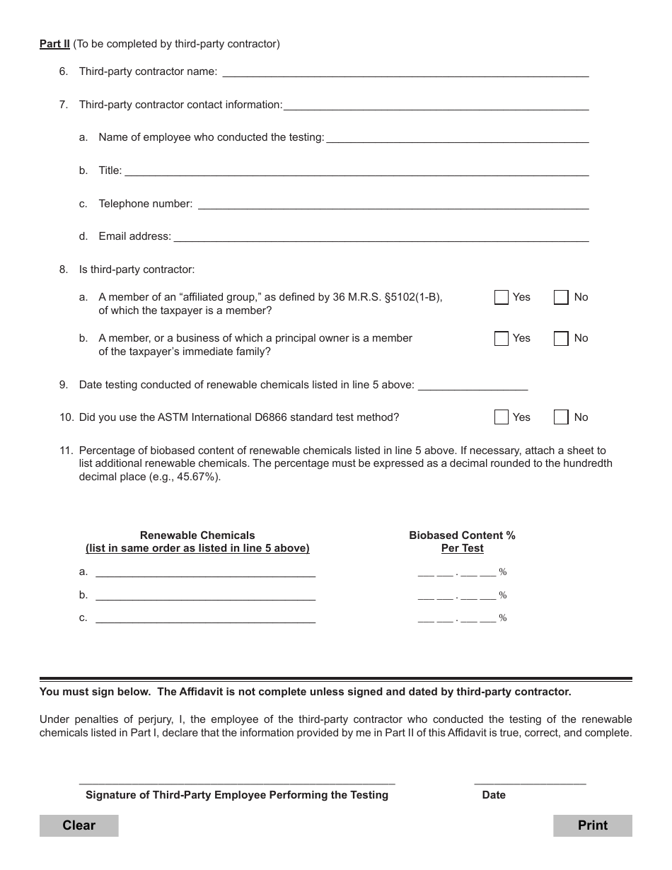 Renewable Chemicals Tax Credit Affidavit of Third-Party Testing - Maine, Page 2