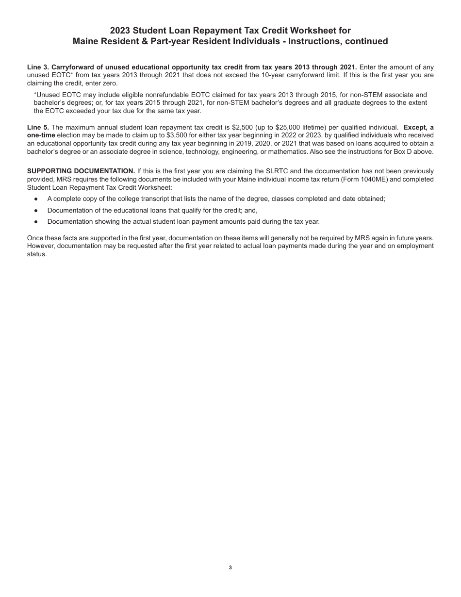 Student Loan Repayment Tax Credit Worksheet for Maine Resident  Part-Year Resident Individuals - Maine, Page 3