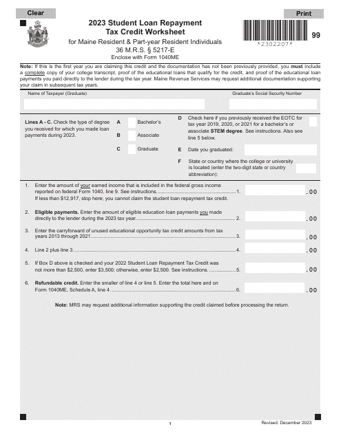 Student Loan Repayment Tax Credit Worksheet for Maine Resident & Part-Year Resident Individuals - Maine Download Pdf