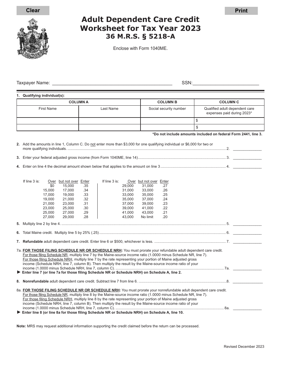 Adult Dependent Care Credit Worksheet - Maine, Page 1