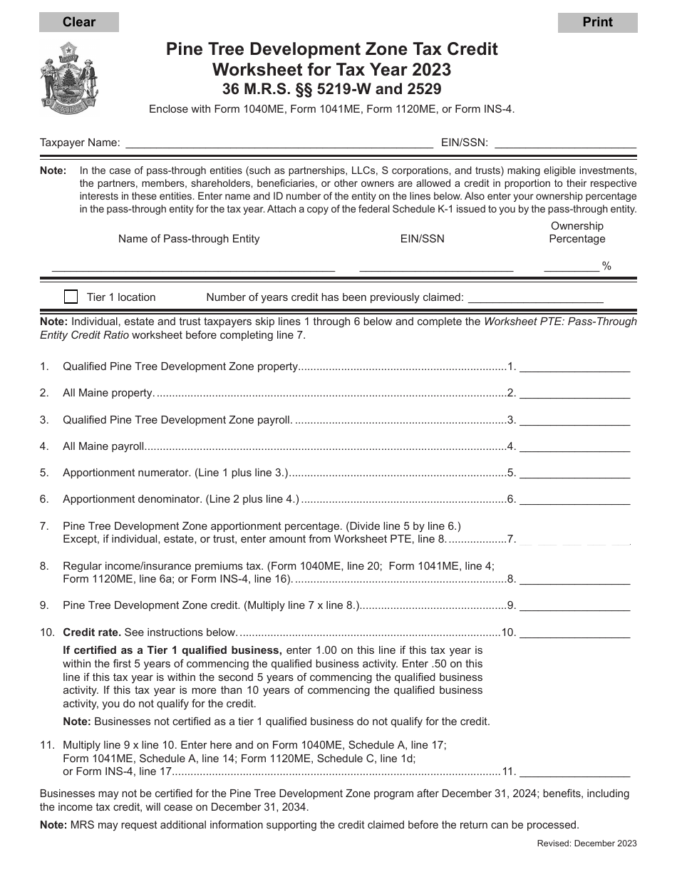 Pine Tree Development Zone Tax Credit Worksheet - Maine, Page 1