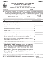 Document preview: Pine Tree Development Zone Tax Credit Worksheet - Maine, 2023