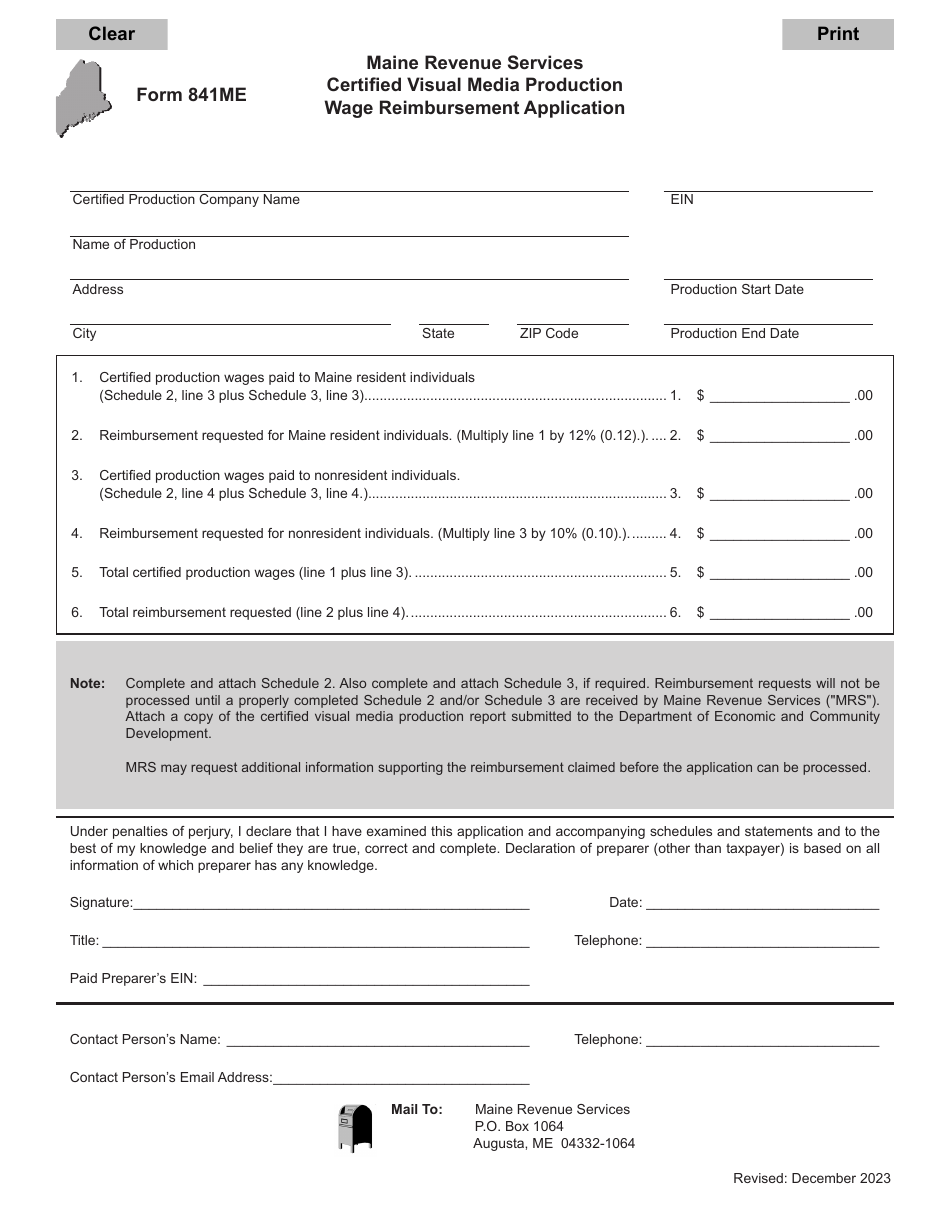 Form 841ME Certified Visual Media Production Wage Reimbursement Application - Maine, Page 1