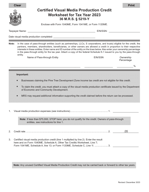Certified Visual Media Production Credit Worksheet - Maine, 2023