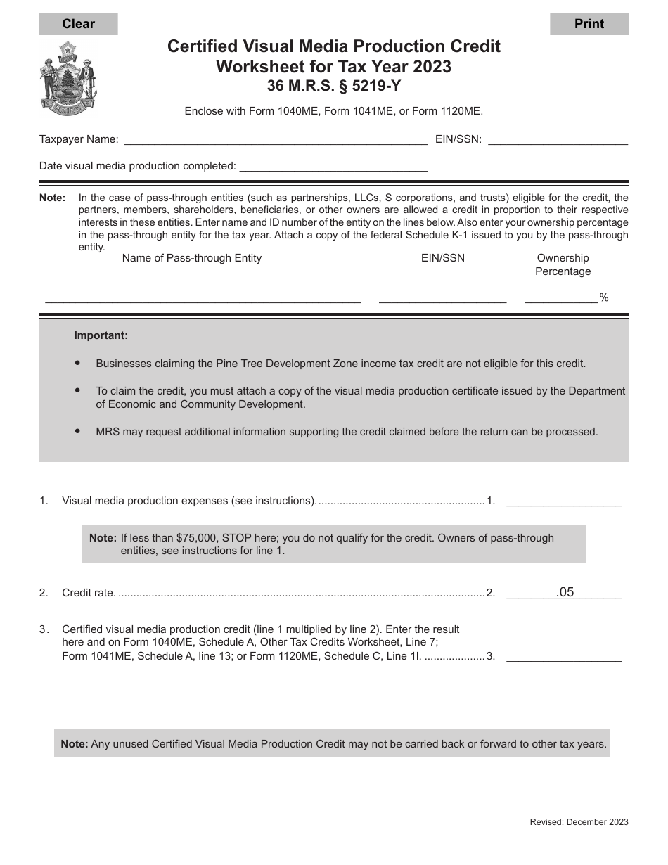 Certified Visual Media Production Credit Worksheet - Maine, Page 1