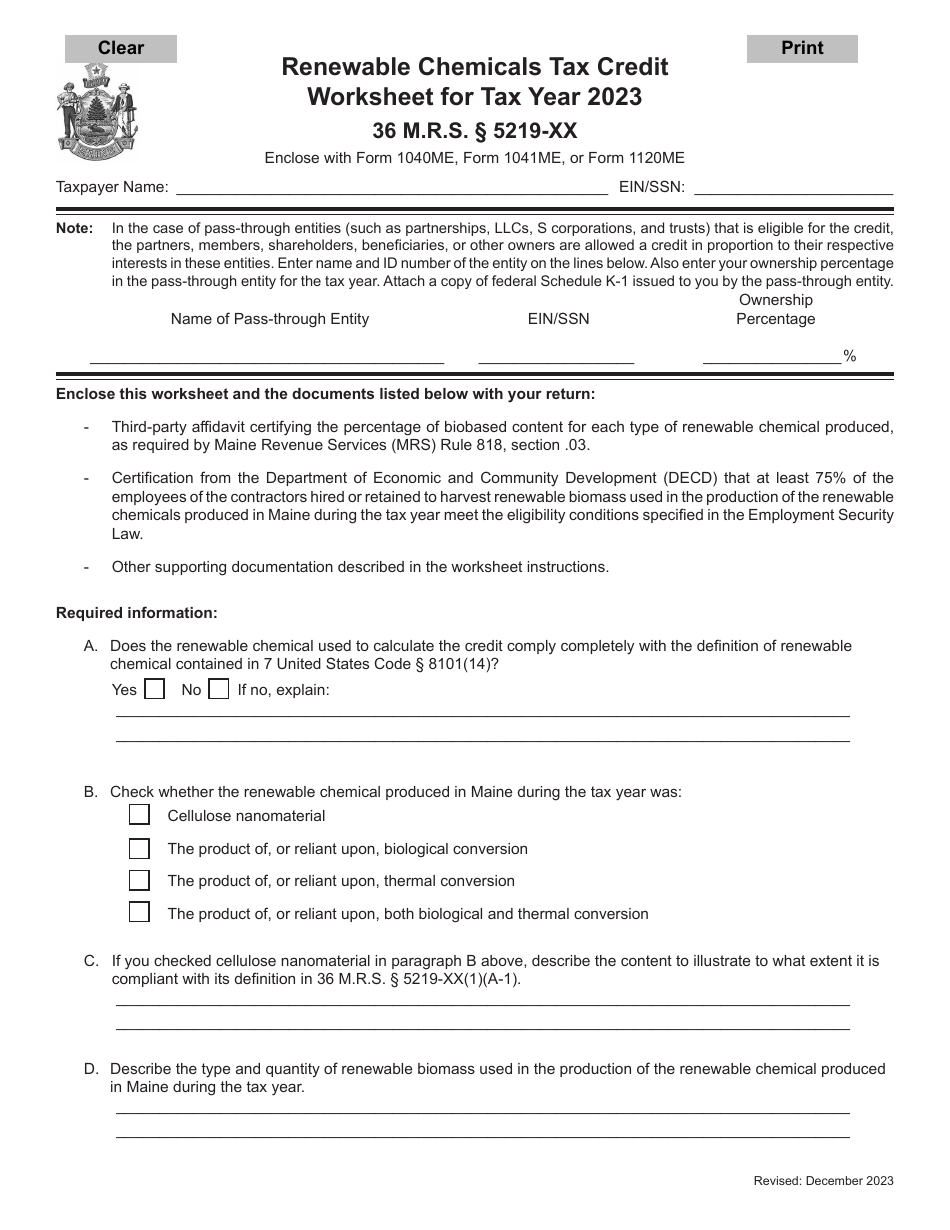 Renewable Chemicals Tax Credit Worksheet - Maine, Page 1