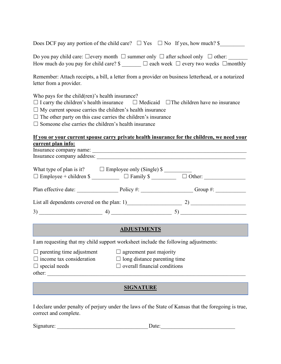 Child Support Domestic Relations Affidavit - Kansas, Page 5
