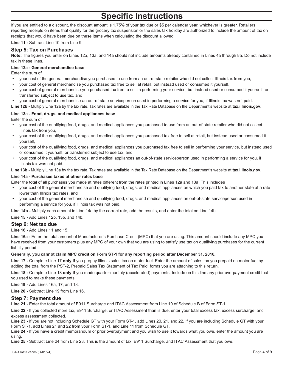 Instructions for Form ST-1, 002 Sales and Use Tax and E911 Surcharge Return - Illinois, Page 4