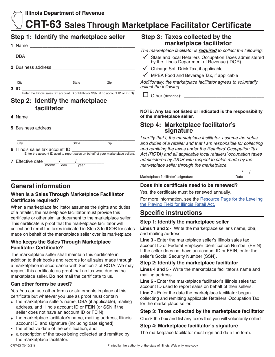 Form CRT-63 Sales Through Marketplace Facilitator Certificate - Illinois, Page 1