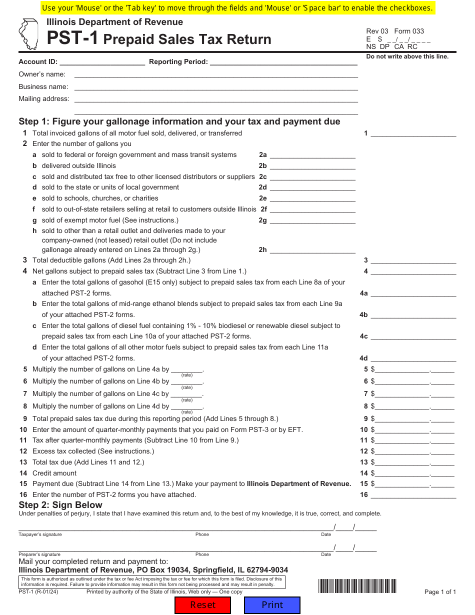Form PST-1 (033) Prepaid Sales Tax Return - Illinois, Page 1