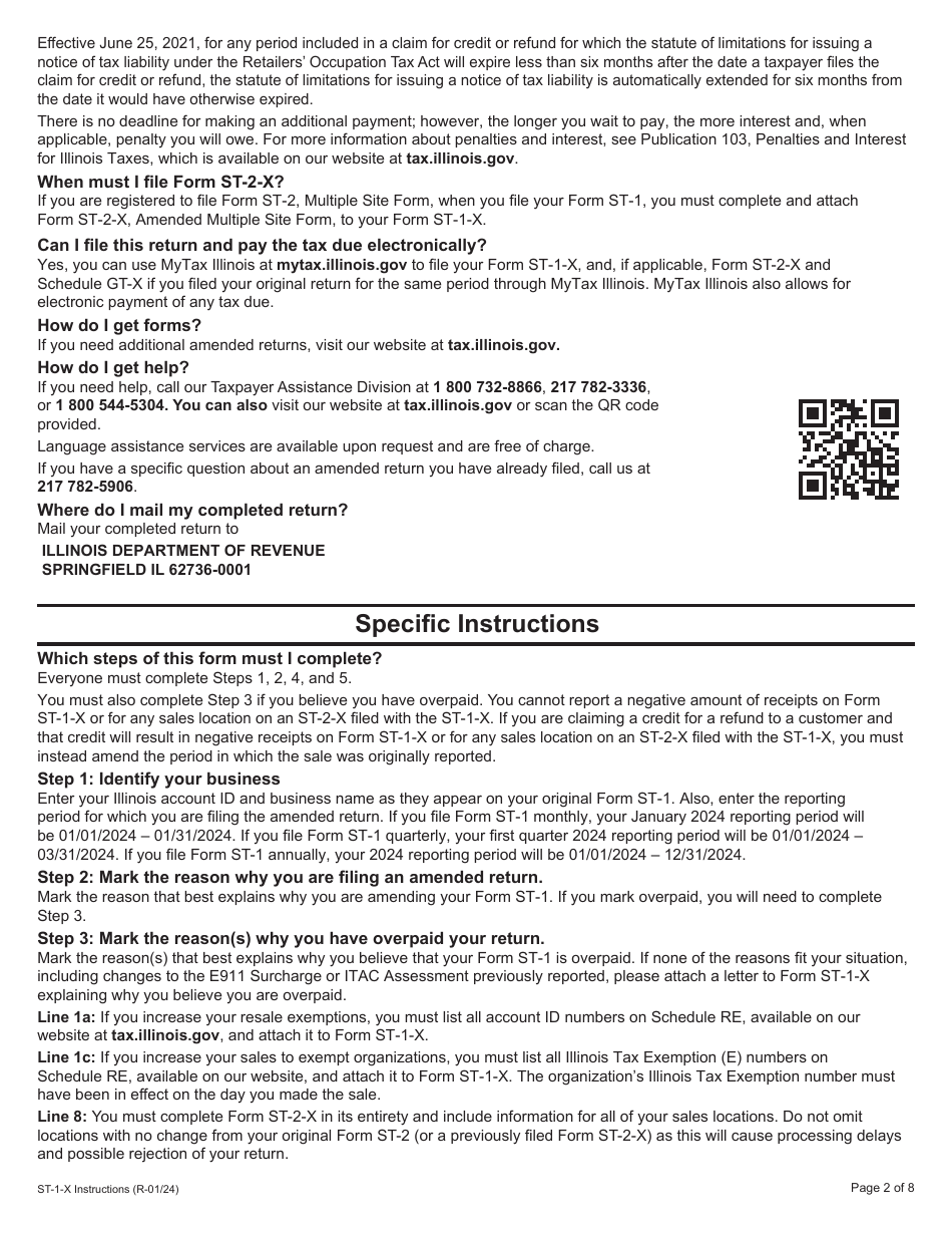 Instructions for Form ST-1-X, 003 Amended Sales and Use Tax and E911 Surcharge Return - Illinois, Page 2