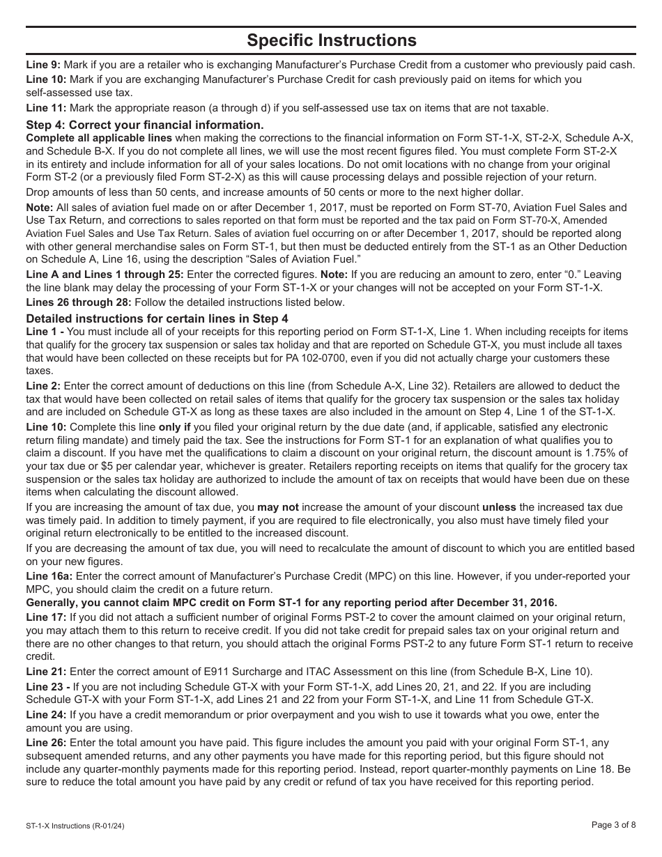 Instructions for Form ST-1-X, 003 Amended Sales and Use Tax and E911 Surcharge Return - Illinois, Page 3