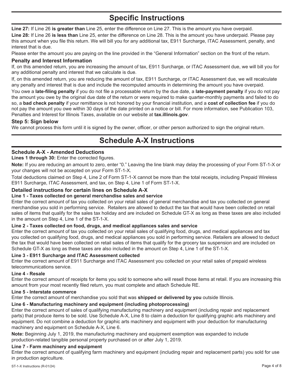 Instructions for Form ST-1-X, 003 Amended Sales and Use Tax and E911 Surcharge Return - Illinois, Page 4