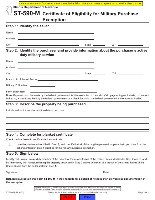Form ST-590-M Certificate of Eligibility for Military Purchase Exemption - Illinois