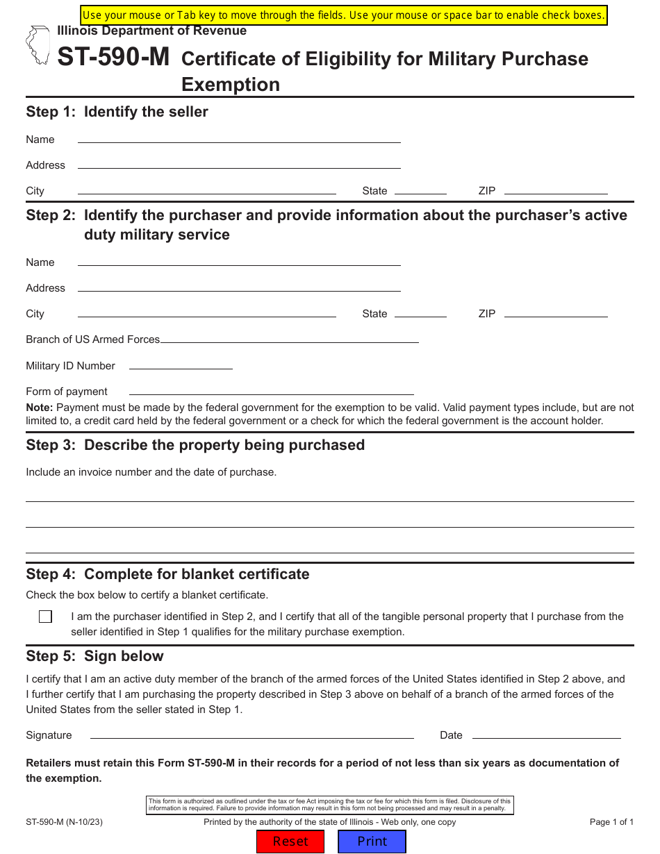 Form ST-590-M Certificate of Eligibility for Military Purchase Exemption - Illinois, Page 1