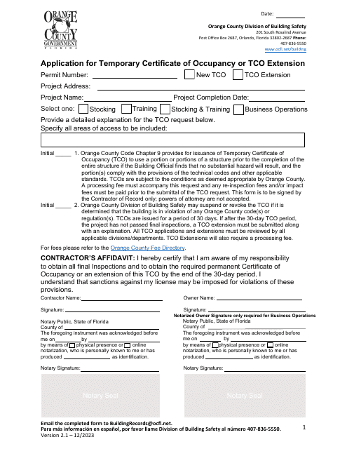 Application for Temporary Certificate of Occupancy or Tco Extension - Orange County, Florida Download Pdf