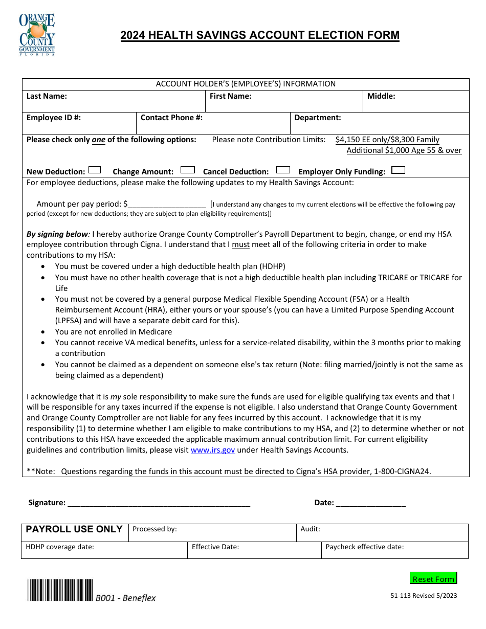 Form 51-113 Health Savings Account Election Form - Orange County, Florida, Page 1