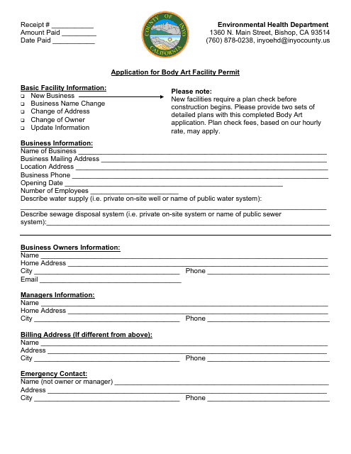 Application for Body Art Facility Permit - Inyo County, California Download Pdf