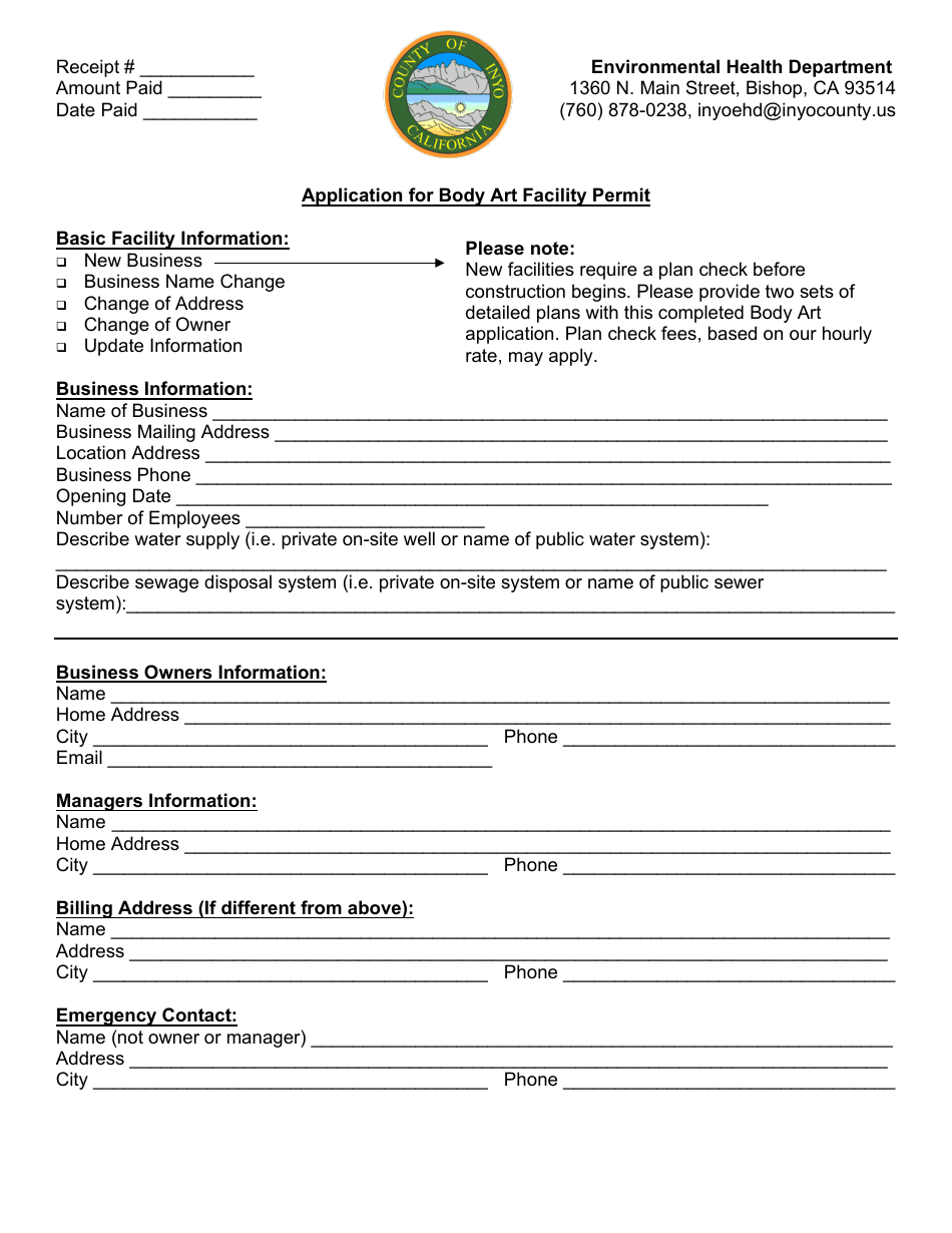 Application for Body Art Facility Permit - Inyo County, California, Page 1