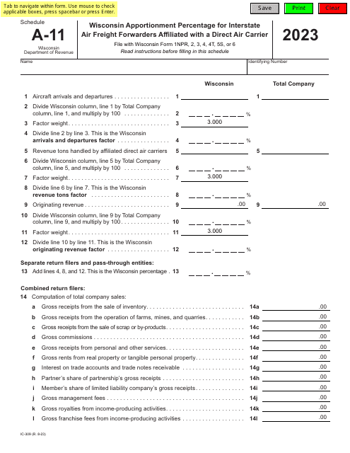 Form IC-309 Schedule A-11 2023 Printable Pdf