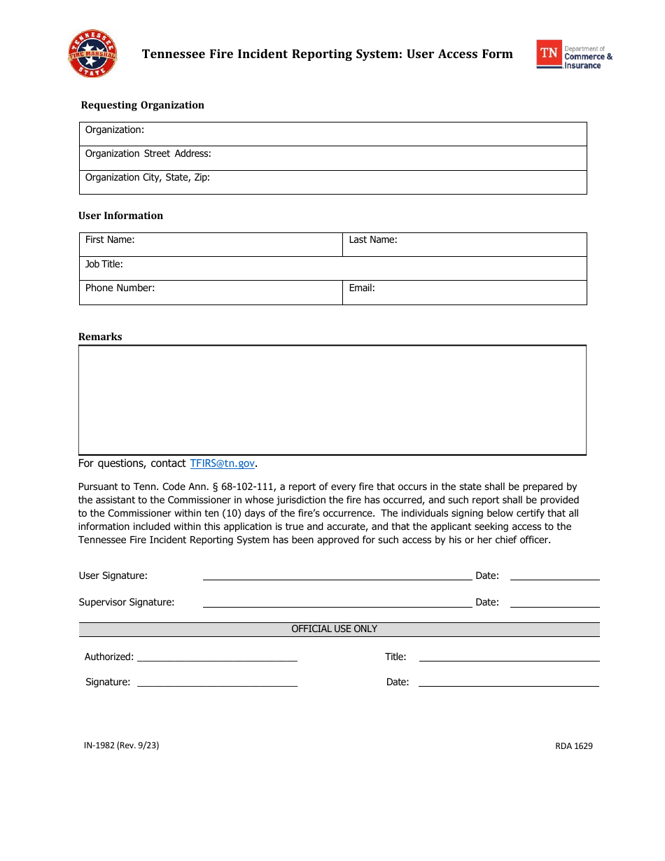 Form IN-1982 Tennessee Fire Incident Reporting System: User Access Form - Tennessee, Page 1