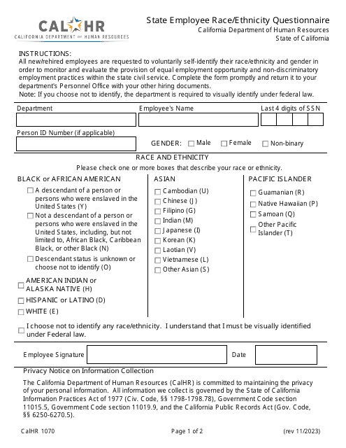Form CALHR1070 State Employee Race/Ethnicity Questionnaire - California