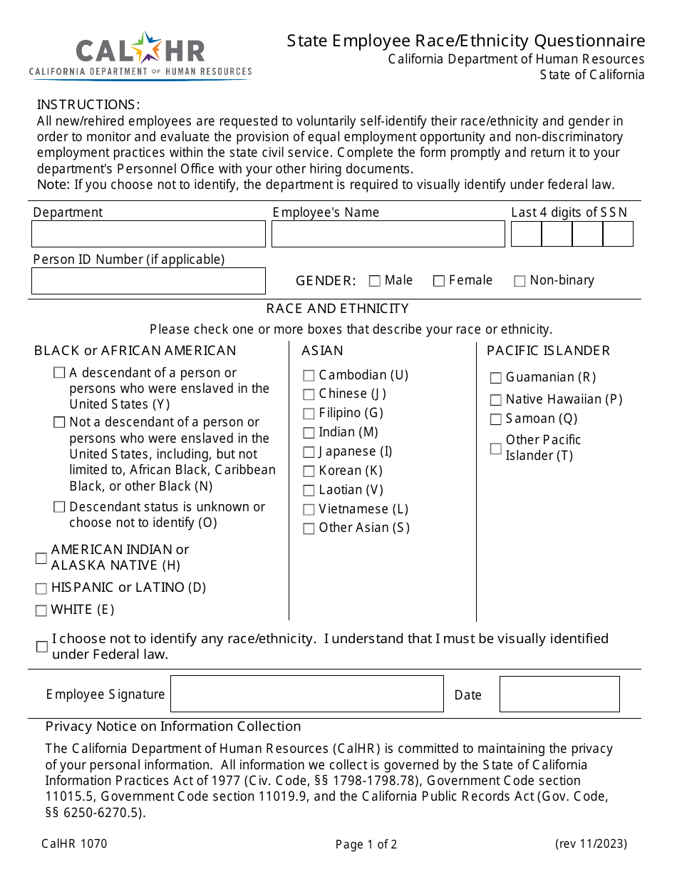 Form CALHR1070 State Employee Race / Ethnicity Questionnaire - California, Page 1