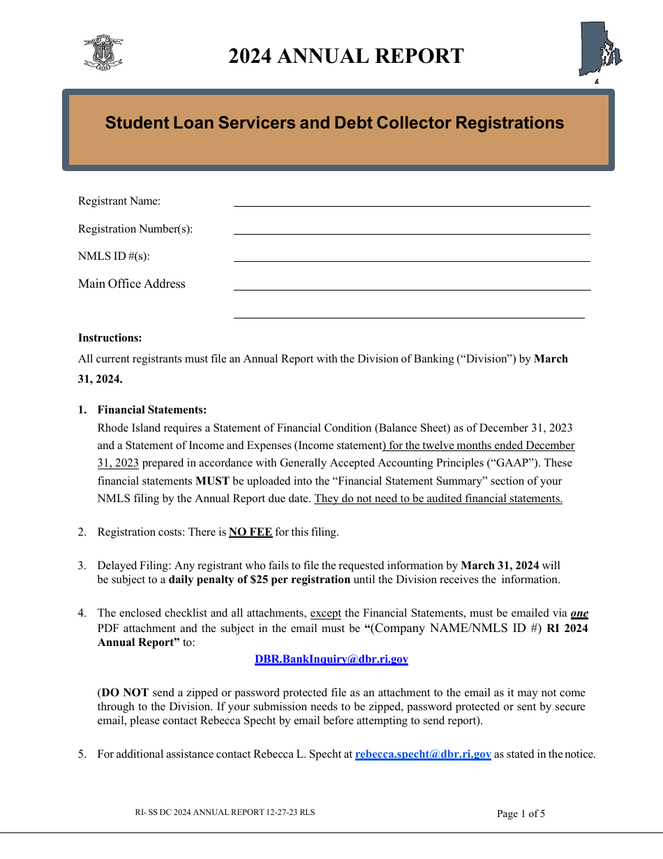 Student Loan Servicers and Debt Collector Registrations Annual Report - Rhode Island, Page 1