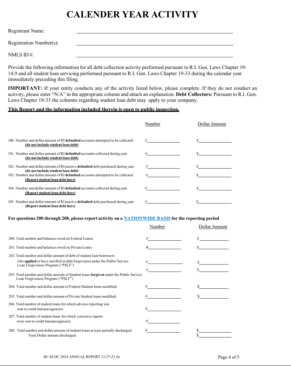 Student Loan Servicers and Debt Collector Registrations Annual Report - Rhode Island, Page 4