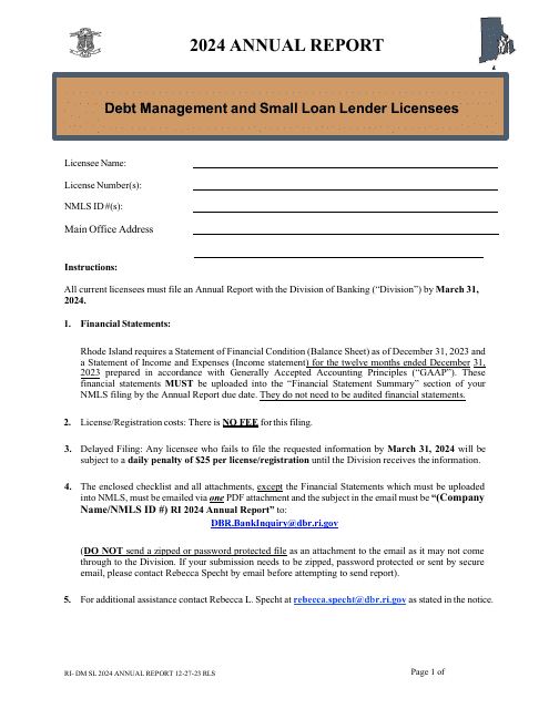 Debt Management and Small Loan Lender Licensees Annual Report - Rhode Island Download Pdf
