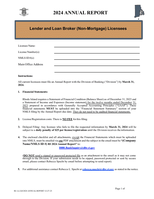 Lender and Loan Broker (Non-mortgage) Licensees Annual Report - Rhode Island Download Pdf