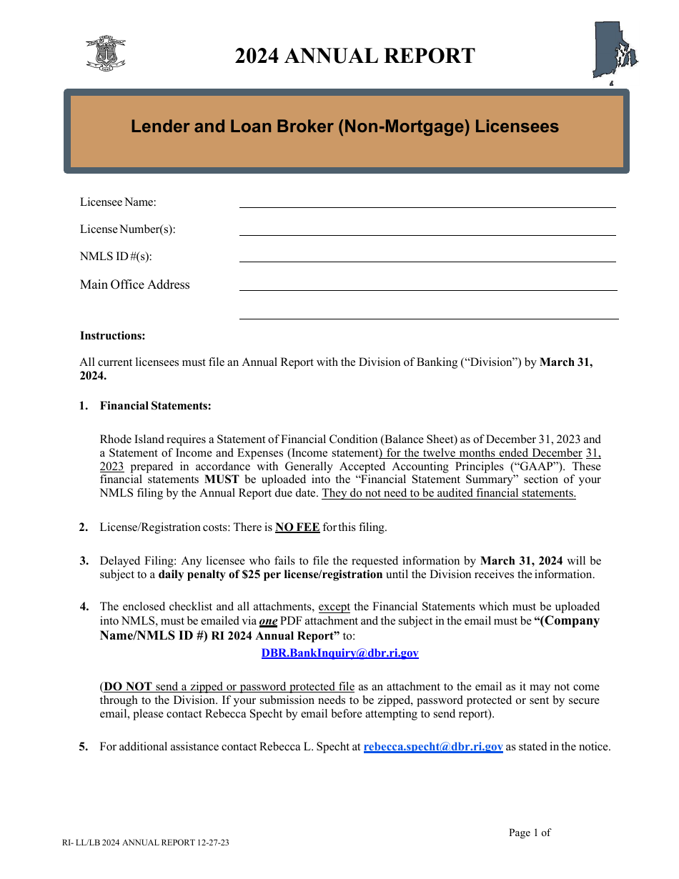Lender and Loan Broker (Non-mortgage) Licensees Annual Report - Rhode Island, Page 1