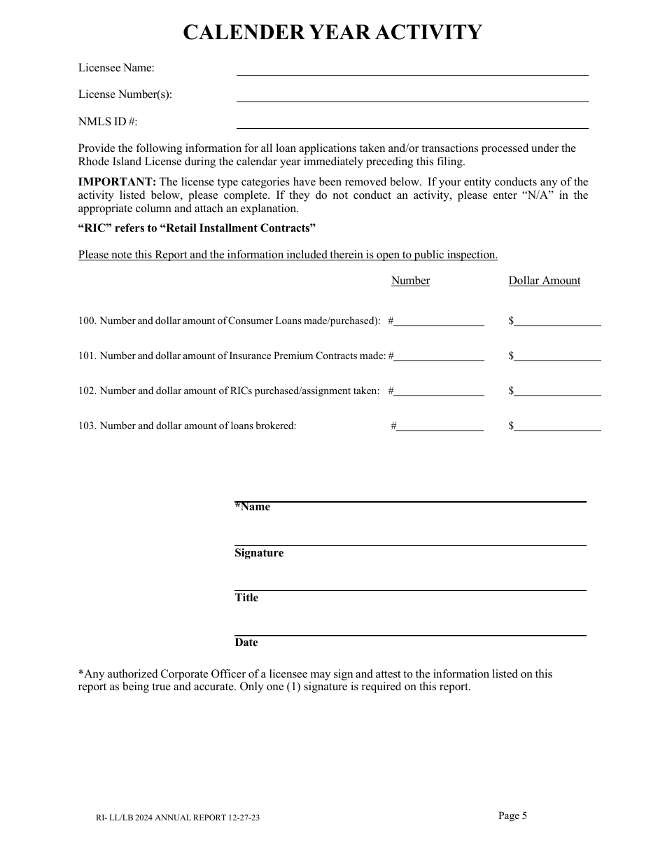 Lender and Loan Broker (Non-mortgage) Licensees Annual Report - Rhode Island, Page 4