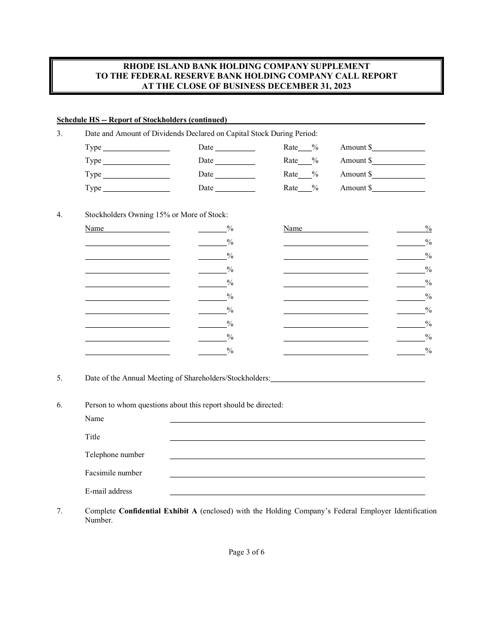 Rhode Island Bank Holding Company Supplement to the Federal Reserve Bank Holding Company Call Report - Rhode Island, Page 3