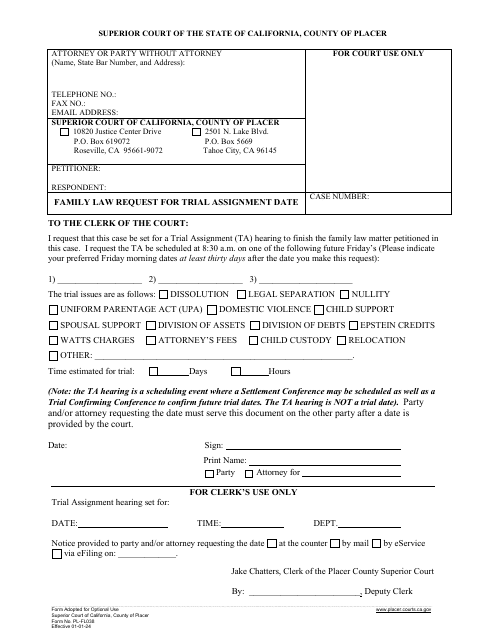 Form PL-FL038 Family Law Request for Trial Assignment Date - County of Placer, California