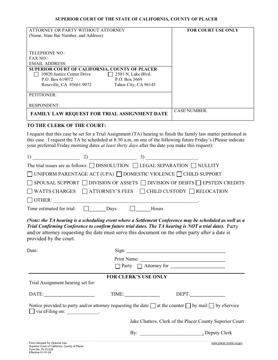 Form PL-FL038 Family Law Request for Trial Assignment Date - County of Placer, California, Page 1