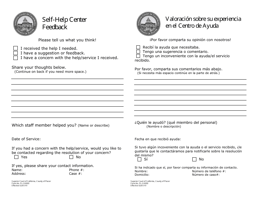 Form PL-SH900 Self-help Center Feedback - County of Placer, California (English/Spanish)