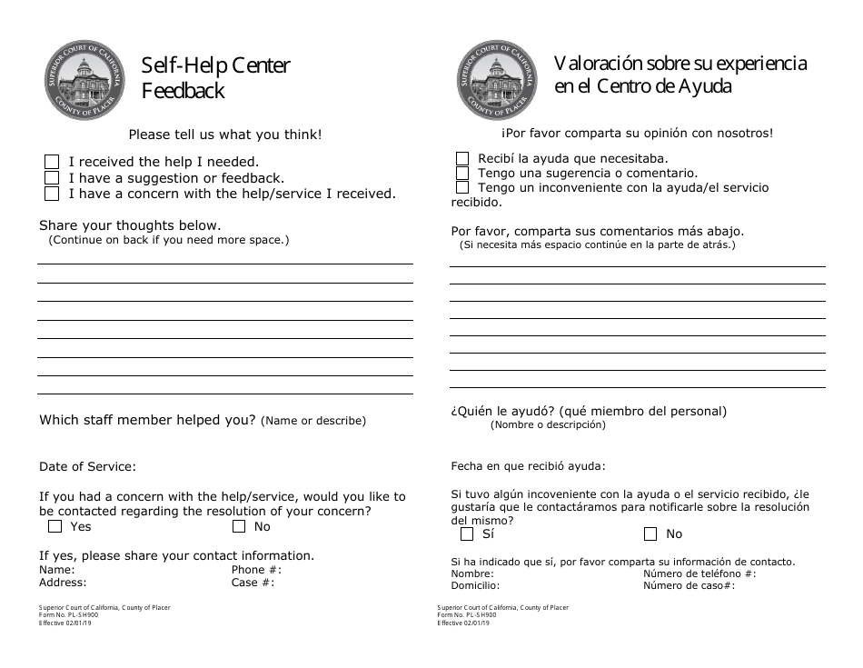 Form PL-SH900 Self-help Center Feedback - County of Placer, California (English / Spanish), Page 1