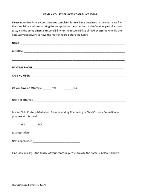 Family Court Services Complaint Form - County of Placer, California Download Pdf
