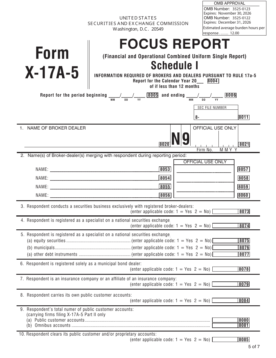 SEC Form 1675 (X-17A-5) Schedule I Focus Report - Information Required of All Brokers and Dealers Purusant to Rule 17a-5, Page 5