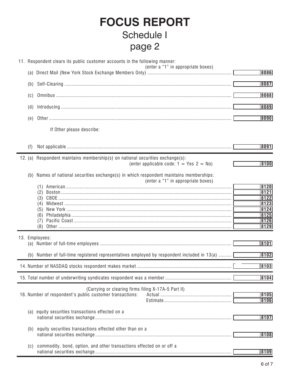 SEC Form 1675 (X-17A-5) Schedule I Focus Report - Information Required of All Brokers and Dealers Purusant to Rule 17a-5, Page 6
