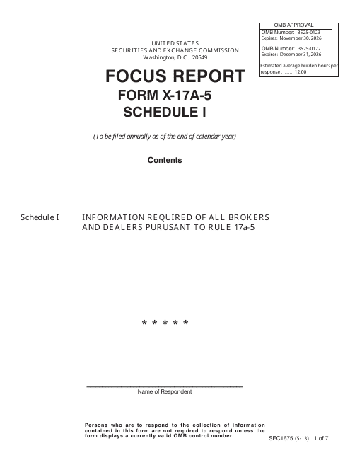 SEC Form 1675 (X-17A-5) Schedule I  Printable Pdf