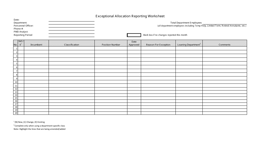 Exceptional Allocation Reporting Worksheet - California Download Pdf