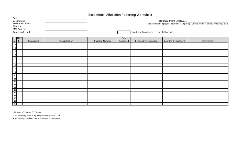Exceptional Allocation Reporting Worksheet - California, Page 1