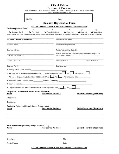 Business Registration Form - City of Toledo, Ohio Download Pdf