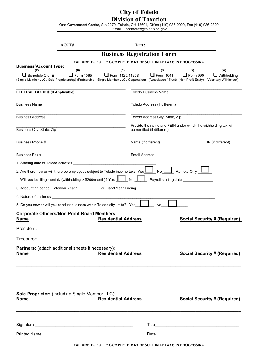 Business Registration Form - City of Toledo, Ohio, Page 1