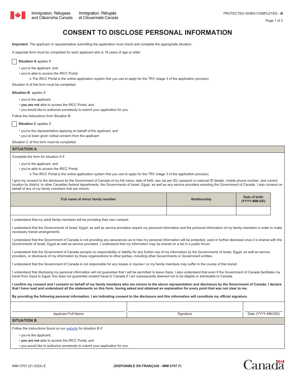 Form IMM0707 Consent to Disclose Personal Information - Canada, Page 1