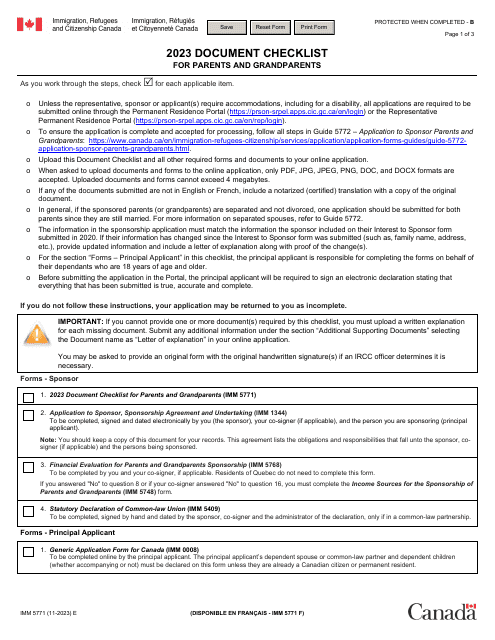 Form IMM5771 Document Checklist for Parents and Grandparents - Canada, 2023