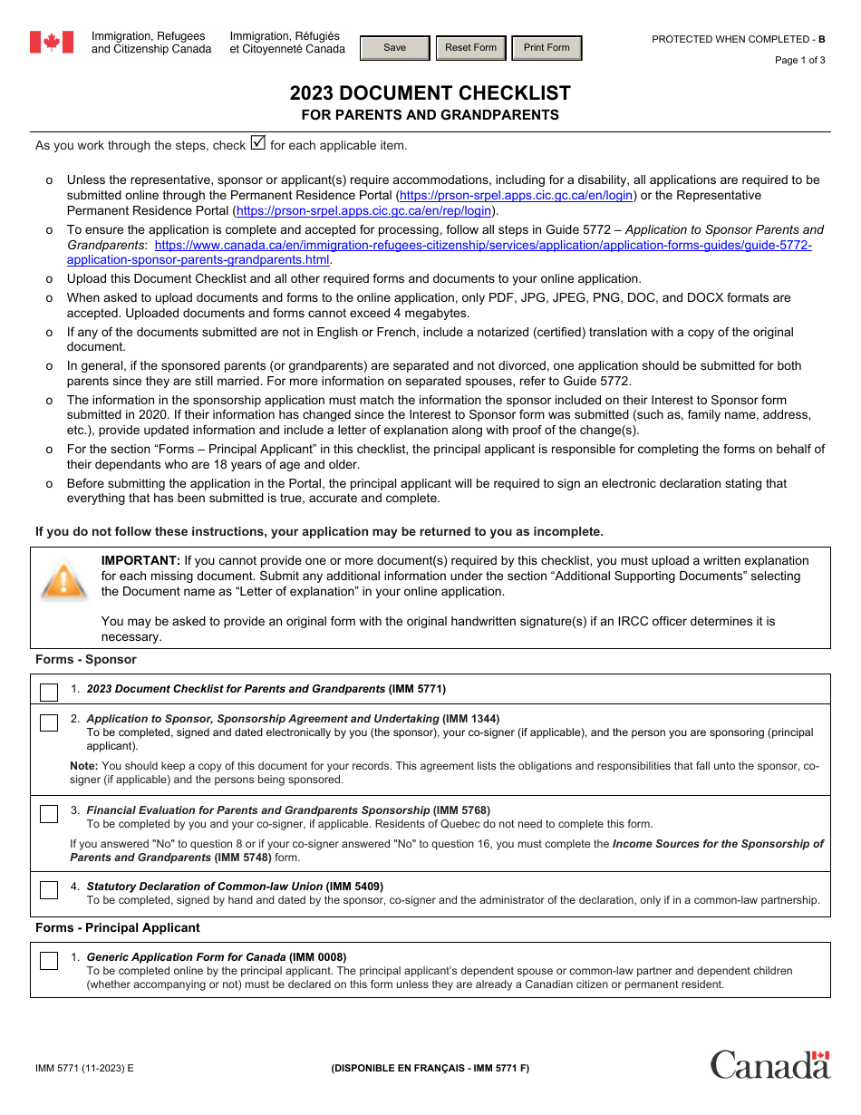 Form IMM5771 Document Checklist for Parents and Grandparents - Canada, Page 1